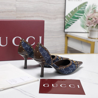 GG 26s Savoy Pumps Brown Blue Lambskin Canvas 961240