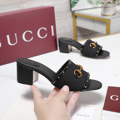 GG 26s Horsebit Mid-Heel Slide Sandal 6.5cm Black Canvas Lambskin 961275