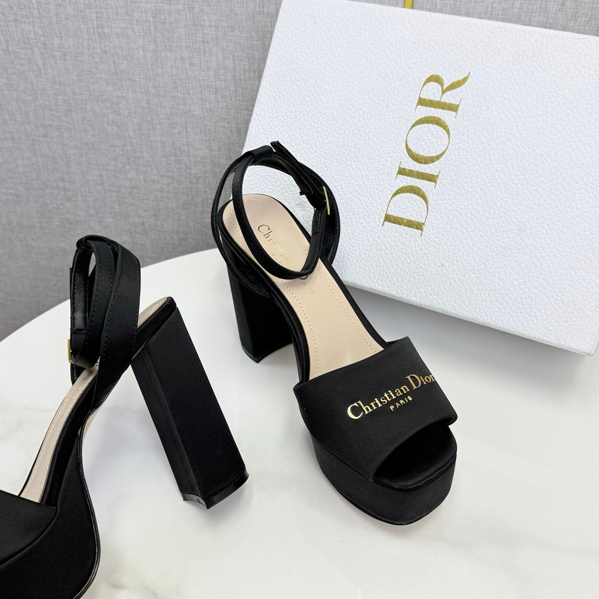 CD 26s Platform Sandals 80 Black Beige Satin Sheepskin 640230