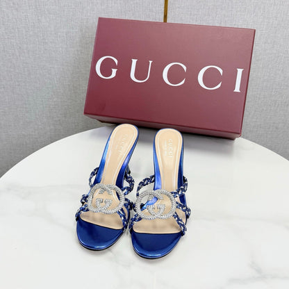 GG 26s Sandals 6.5cm With Crystal Interlocking G Dark Blue Leather 639950