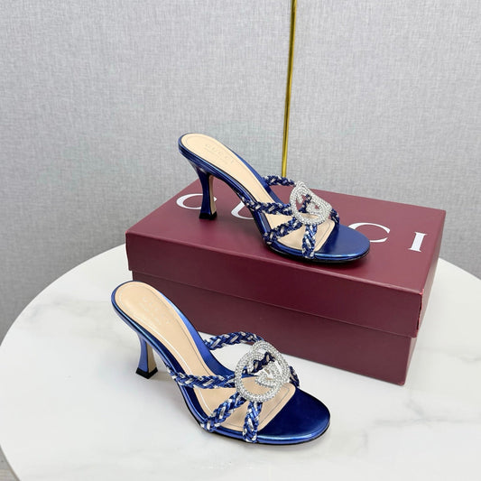 GG 26s Sandals 6.5cm With Crystal Interlocking G Dark Blue Leather 639950