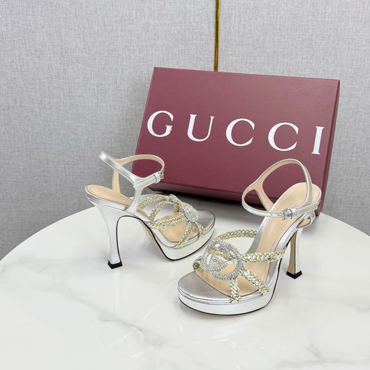 GG 26s Sandals 10.5cm With Crystal Interlocking G Sliver Leather 639955