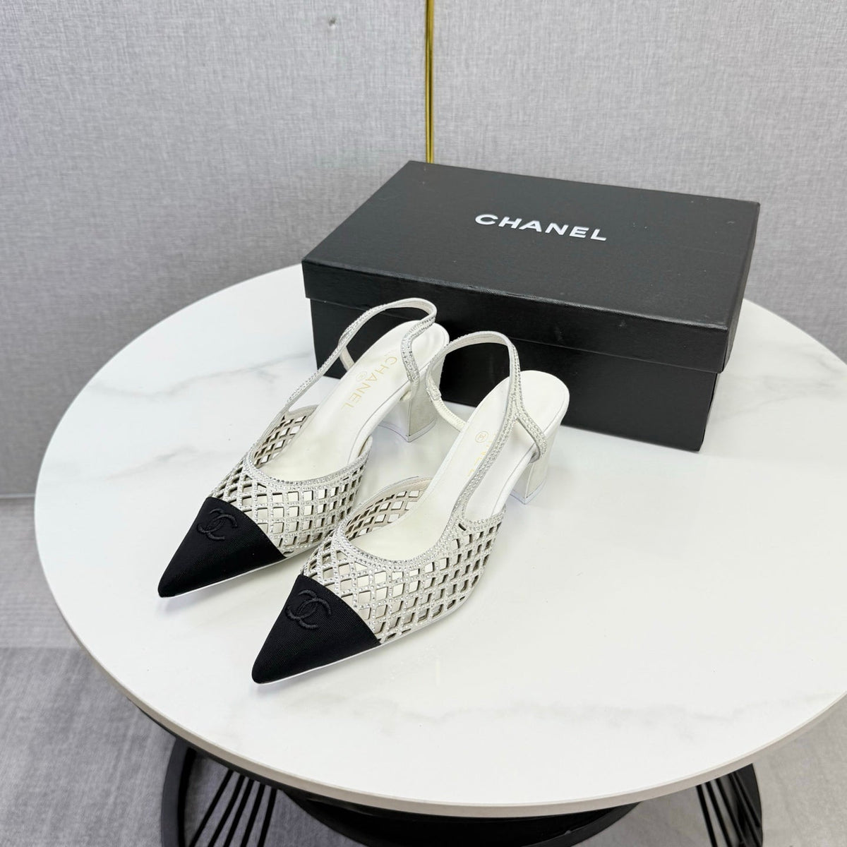 Chanel 2026 Embellished Mesh Slingback 50mm Sheepskin Satin 904533