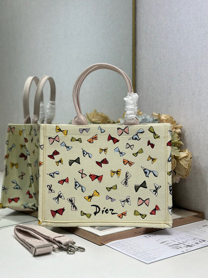 Dior 2026 Dioriviera Book Tote Bow Motif Ivory Pink Embroidery Canvas 289513