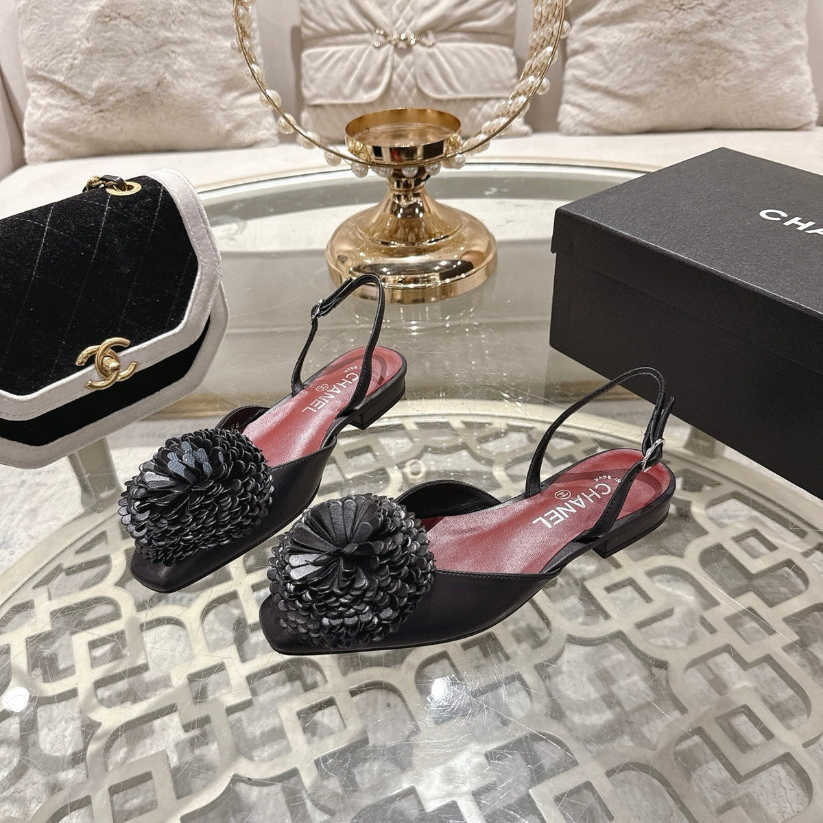 CC 26s Floral Backless Sandals Black Sheepskin 627019