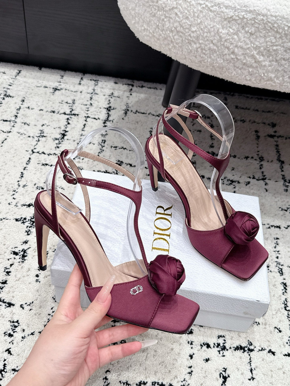 CD 26s Floral High-Heeled Sandals 9cm Burgundy Satin 908246
