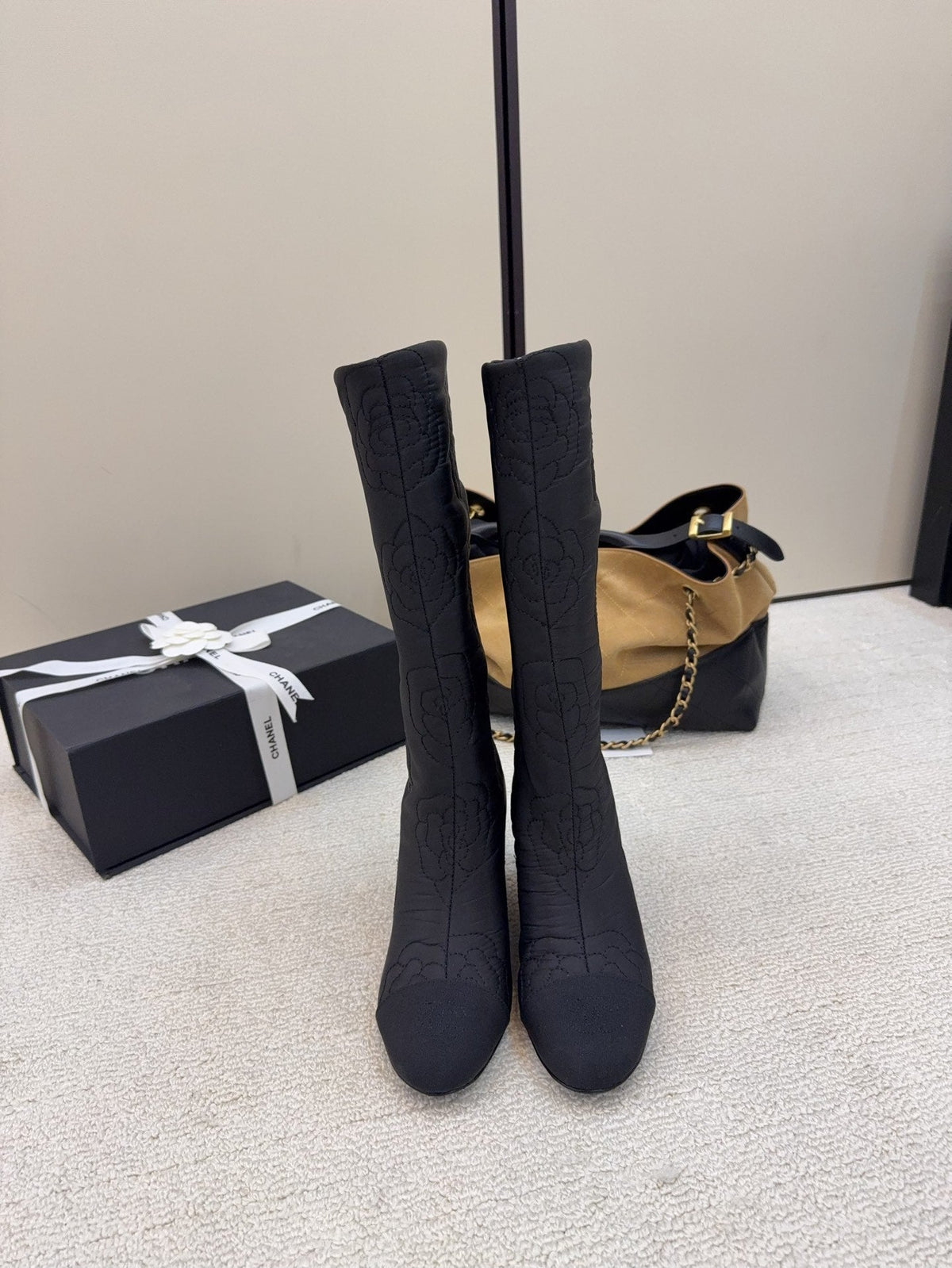 CC 26 Wedge Boot With Quilted Camellia Pattern Black Fabric 588892
