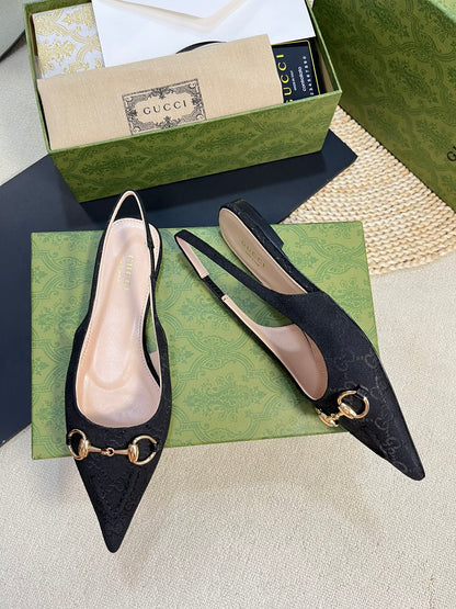 GC Horsebit Slingback Pump 10mm Black Canvas Sheepskin 294552