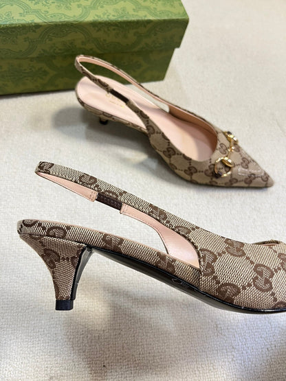 GC Horsebit Slingback Pump 50mm Beige mix Brown Canvas Sheepskin 294560