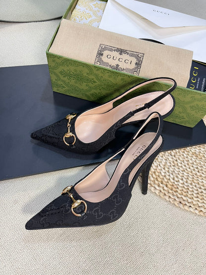 GC Horsebit Slingback Pump 100mm Black Canvas Sheepskin 294564