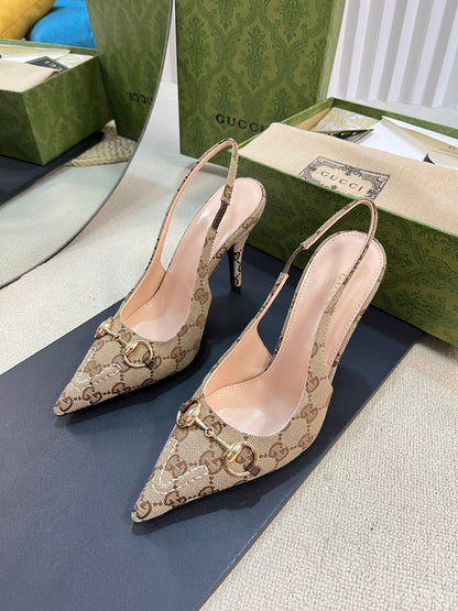GC Horsebit Slingback Pump 100mm Beige mix Brown Canvas Sheepskin 294566