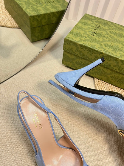 GC Horsebit Slingback Pump 100mm Blue Canvas Sheepskin 294550