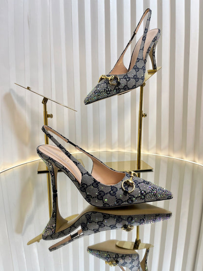 GC Crystal Horsebit Slingback 100mm Beige mix Blue Canvas lambskin 294619