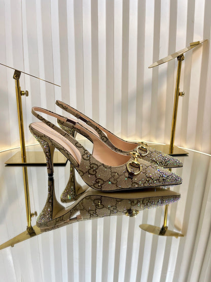 GC Crystal Horsebit Slingback 100mm Beige mix Ebony Canvas lambskin 294620
