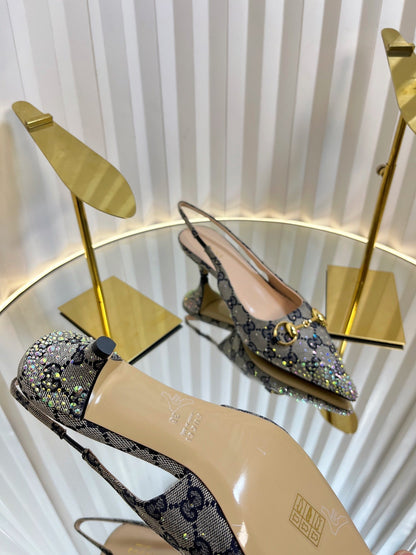 GC Crystal Horsebit Slingback 50mm Beige mix Blue Canvas lambskin 294616