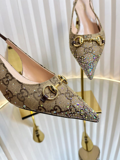 GC Crystal Horsebit Slingback 50mm Beige mix Ebony Canvas lambskin 294617