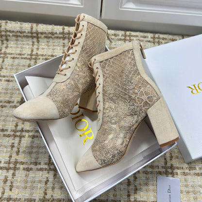 CD 26s Lace Up Ankle Boots 35mm In Beige Lace Suede Block Heel