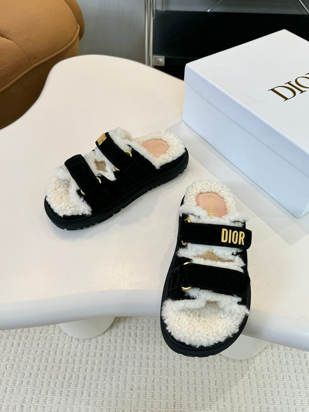 CD Dioract Slide Black Suede And Fleece Lining