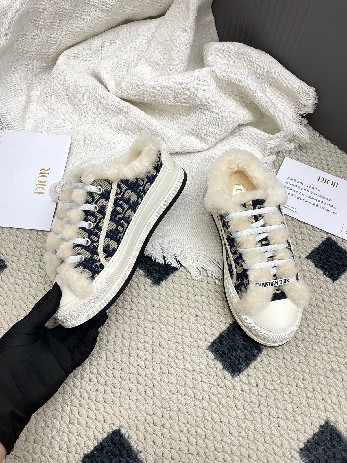 CD Walk'n Dior Platform Sneaker Black Beige Oblique Motif Fabric Wool