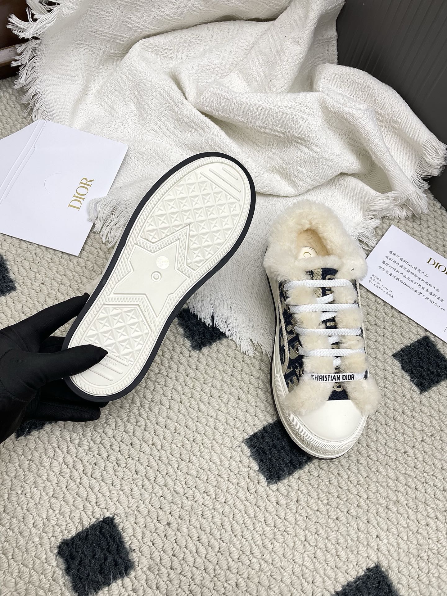 CD Walk'n Dior Platform Sneaker Black Beige Oblique Motif Fabric Wool
