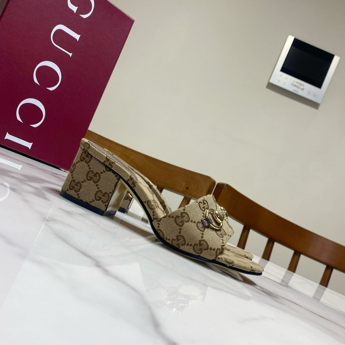 GG 26SS Chunky Heeled Sandals 65 Beige Brown Canvas Leather 640622