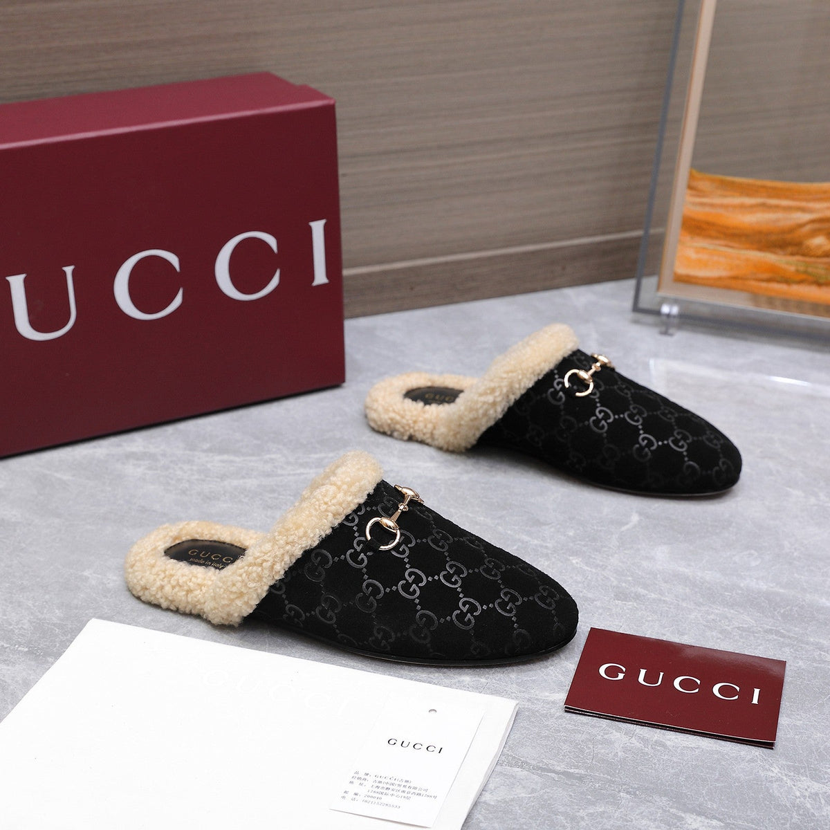 GG Horsebit Mules with Black Insole Suede Shearing 547331