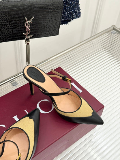 GG 26WF Mules 9.5cm Black Beige Leather Canvas 886166