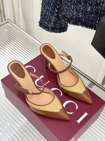 GG 26WF Mules 9.5cm Brown Beige Leather Canvas 886167