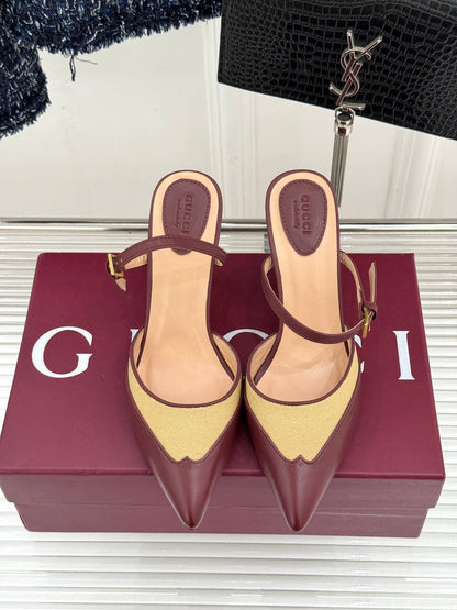 GG 26WF Mules 9.5cm Wine Red Beige Leather Canvas 886168