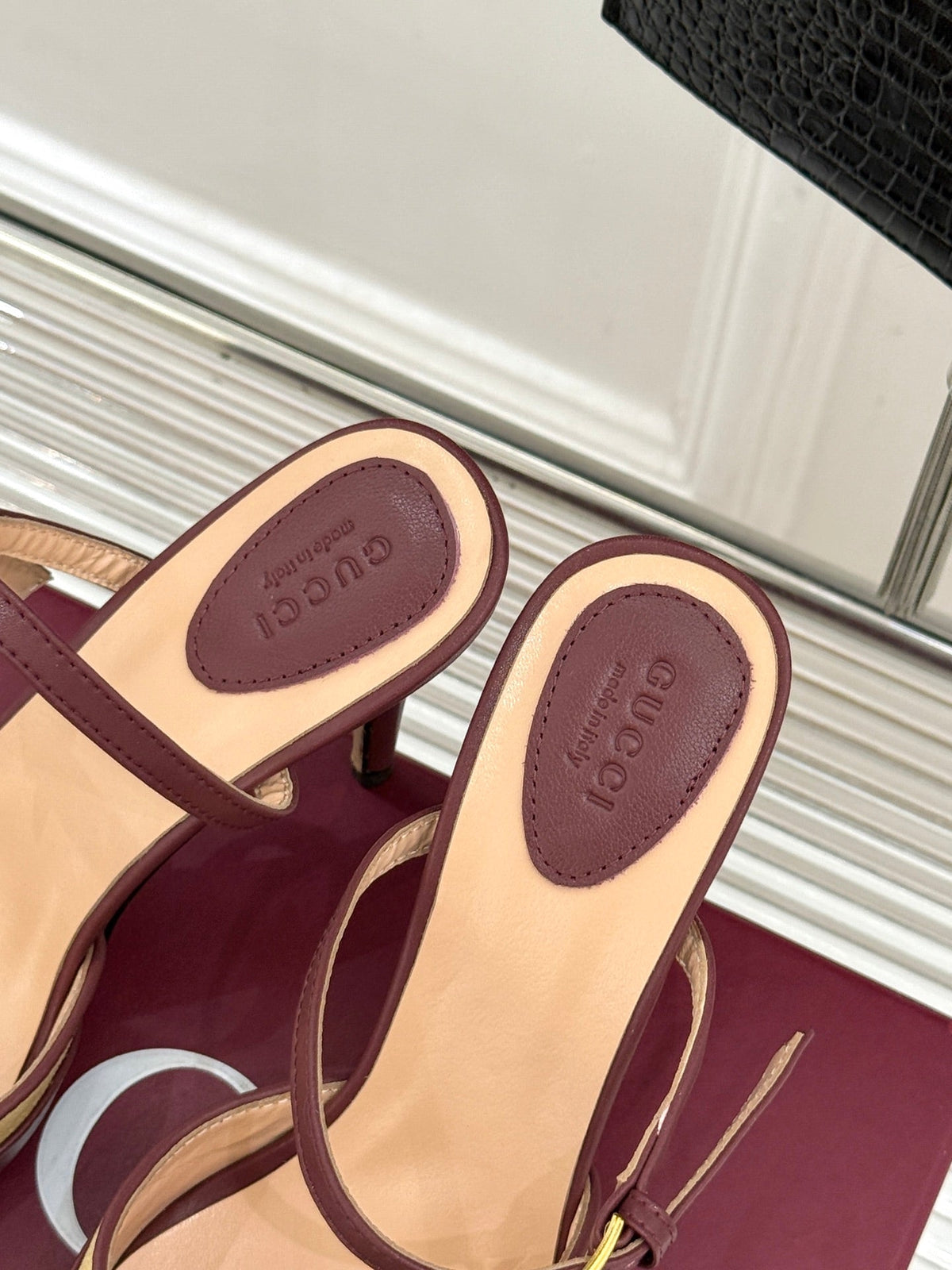 GG 26WF Mules 9.5cm Wine Red Beige Leather Canvas 886168