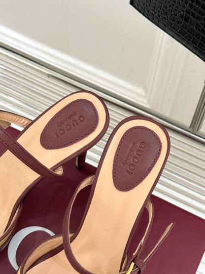 GG 26WF Mules 9.5cm Wine Red Beige Leather Canvas 886168