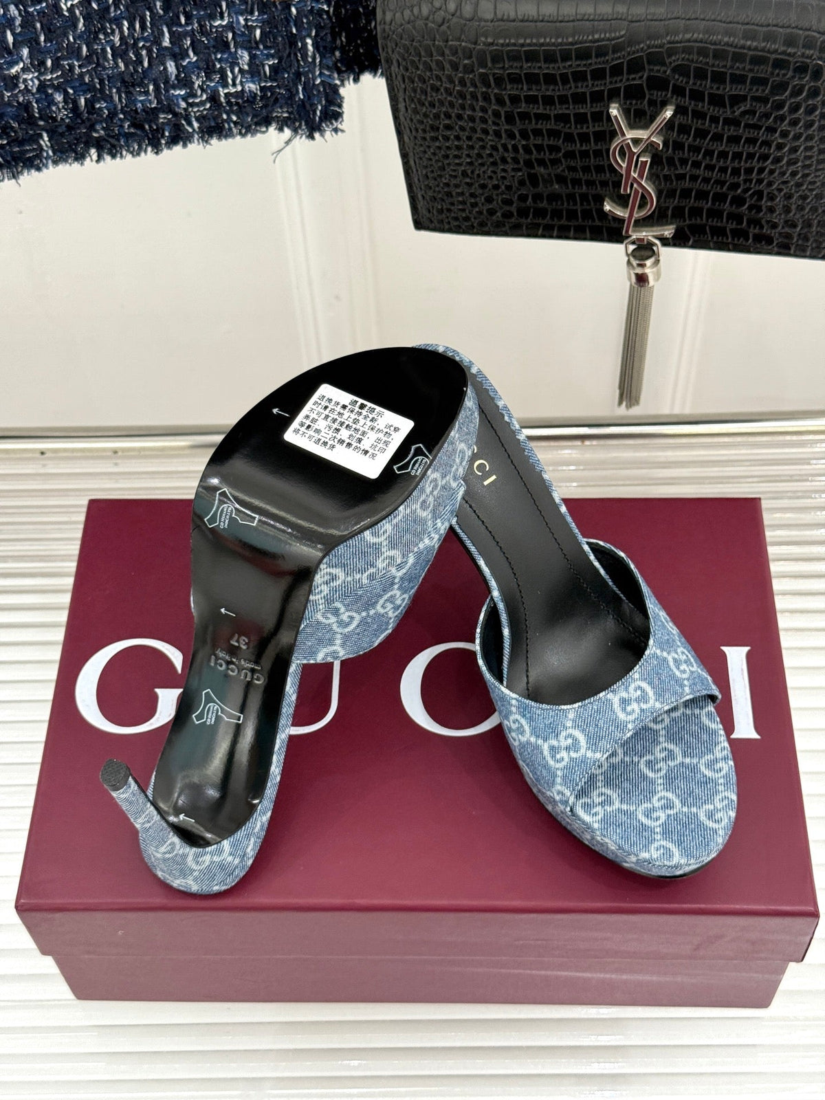 GG 26s Sorbetto Slide Sandal 12cm Blue Canvas 991739