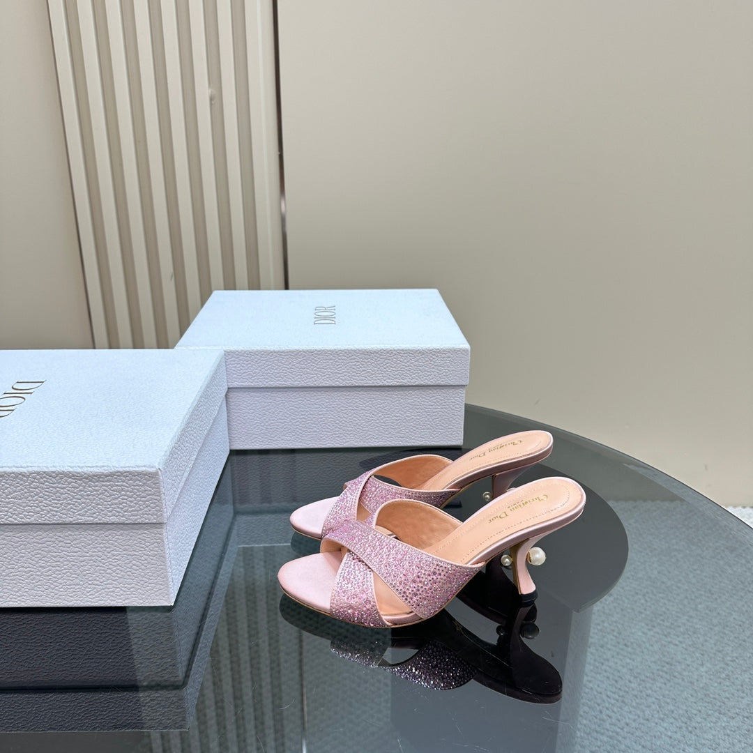 CD Tribales Heeled Slide 80mm Light Pink Lambskin And Studded With Stones