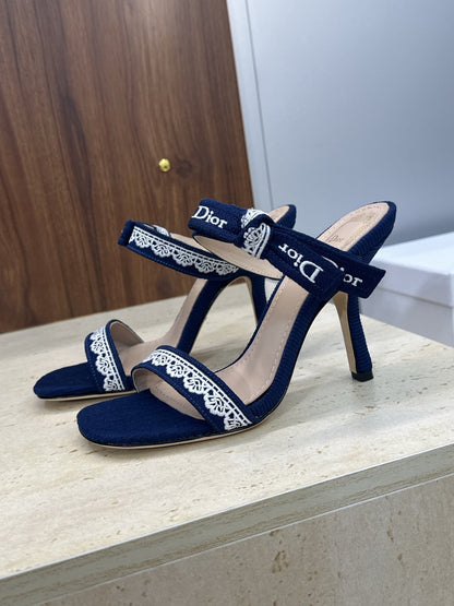 CD 26s Heeled Sandal 10cm Navy Blue Beige Leather Fabric 633070