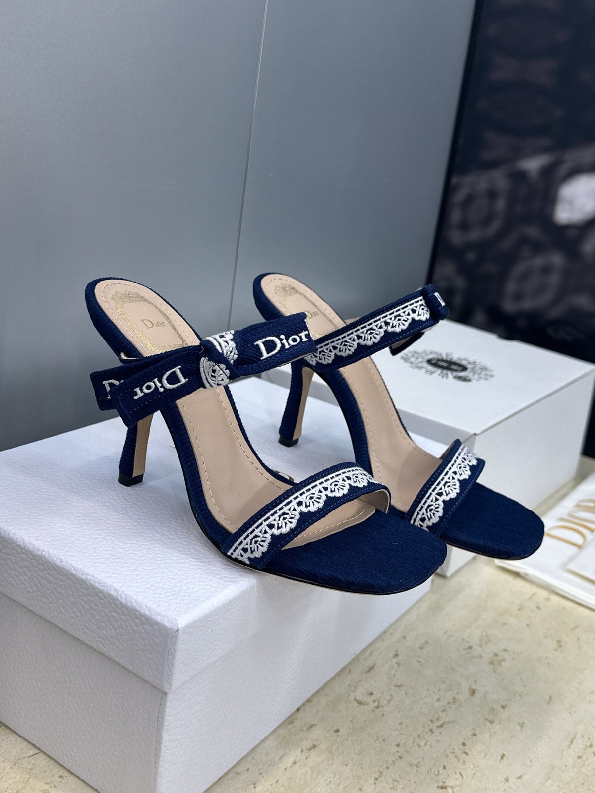 CD 26s Heeled Sandal 10cm Navy Blue Beige Leather Fabric 633070
