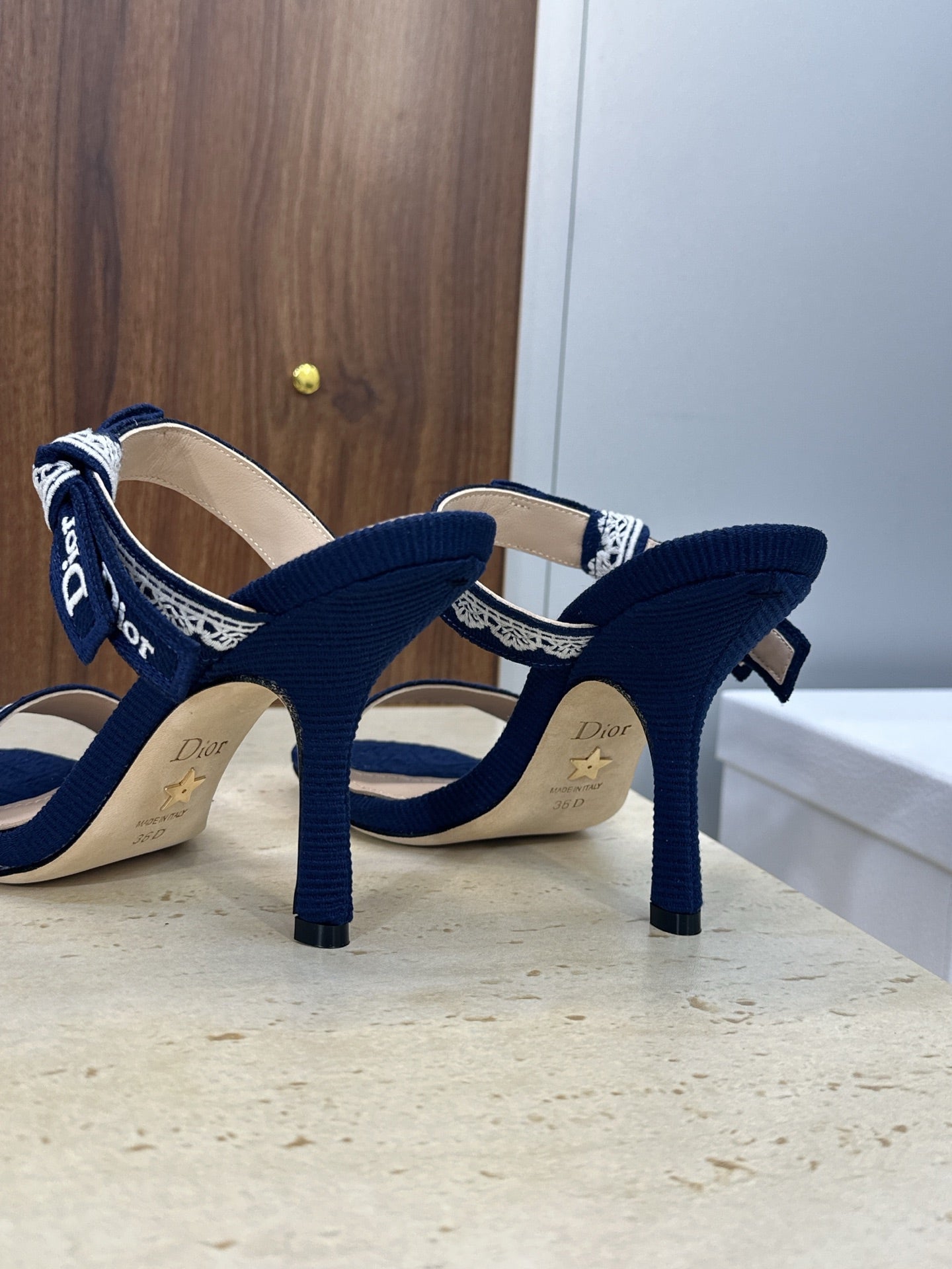 CD 26s Heeled Sandal 10cm Navy Blue Beige Leather Fabric 633070
