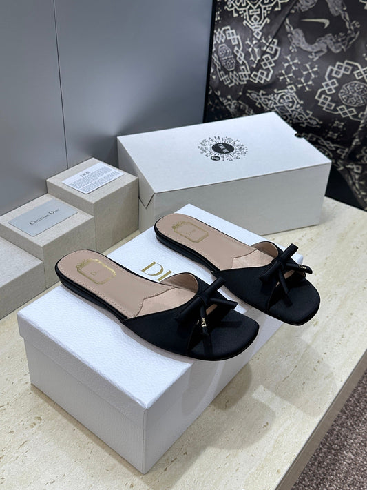 CD Dior Bow Slides Black Satin 884663