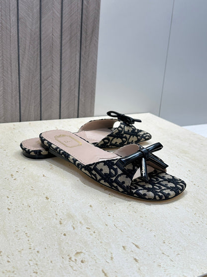 CD Dior Bow Slides Beige Black Canvas 884665