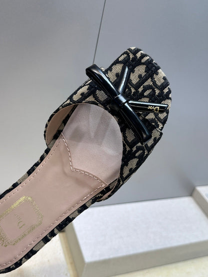 CD Dior Bow Slides Beige Black Canvas 884665