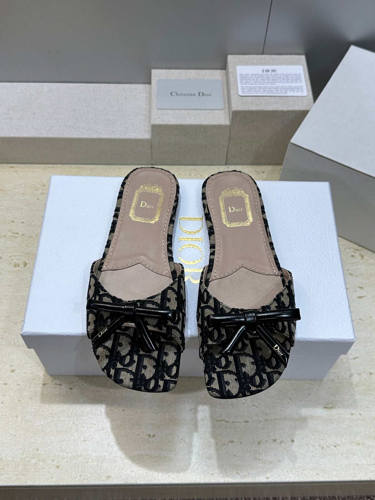 CD Dior Bow Slides Beige Black Canvas 884665