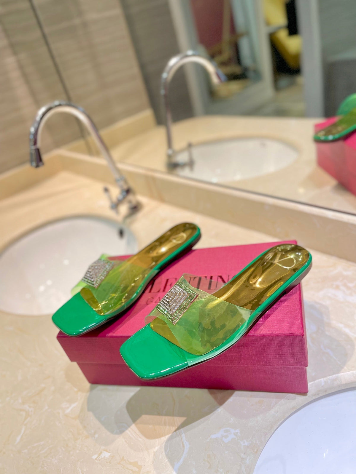 Valentino 26s Flat Slides Green Mix Gold Lambskin With Crystal