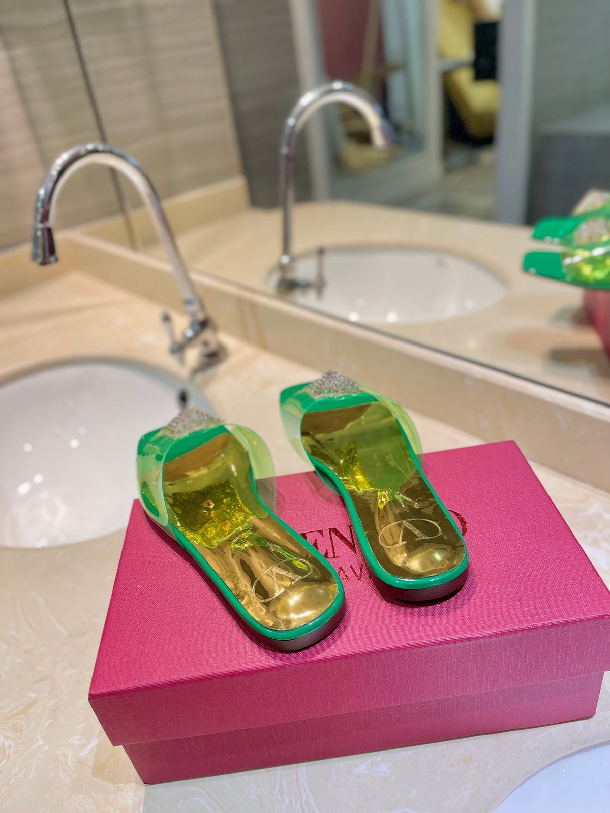Valentino 26s Flat Slides Green Mix Gold Lambskin With Crystal
