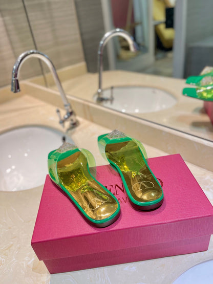 Valentino 26s Flat Slides Green Mix Gold Lambskin With Crystal