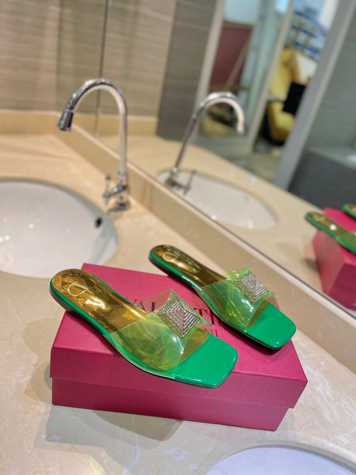 Valentino 26s Flat Slides Green Mix Gold Lambskin With Crystal