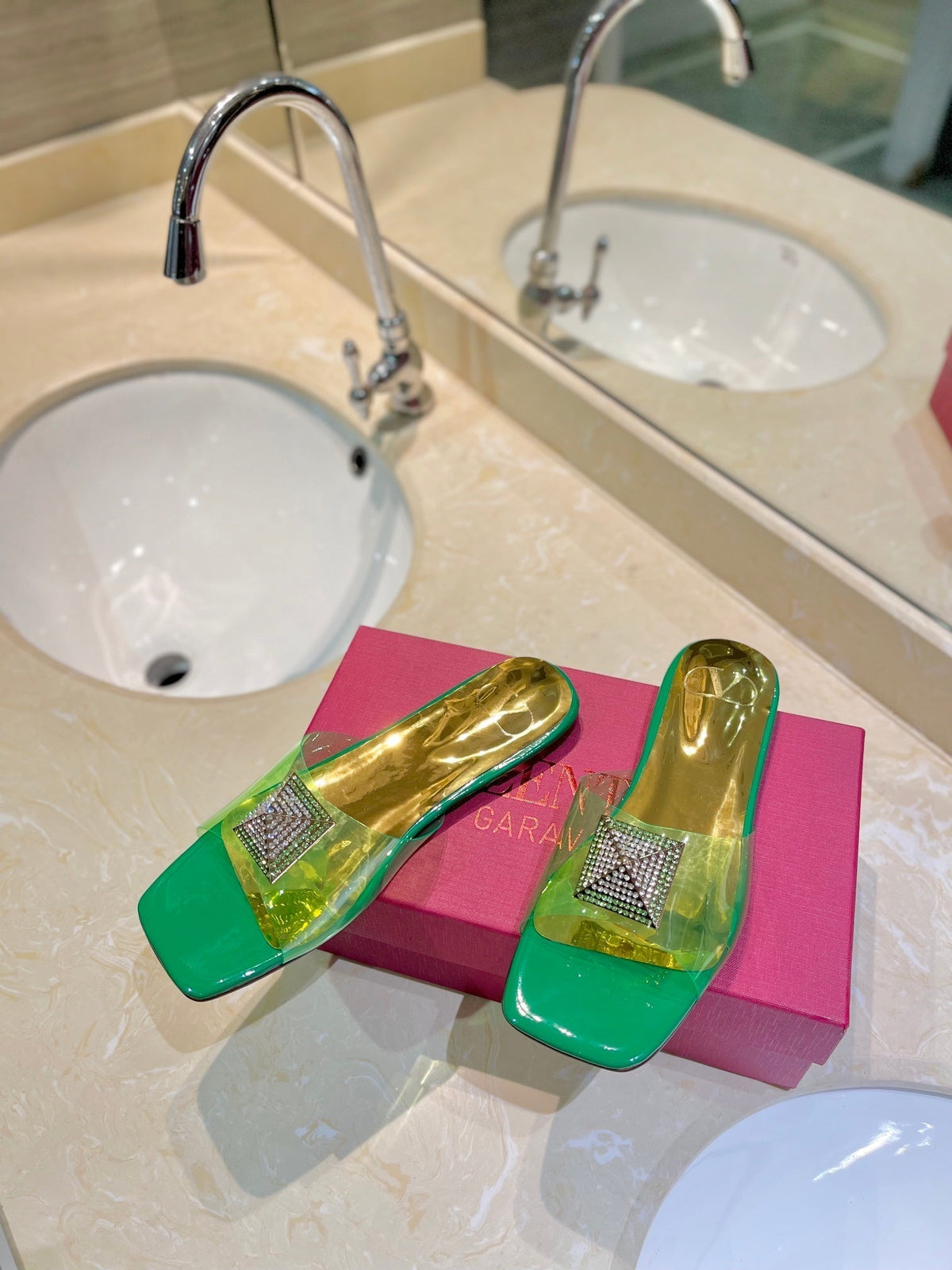 Valentino 26s Flat Slides Green Mix Gold Lambskin With Crystal