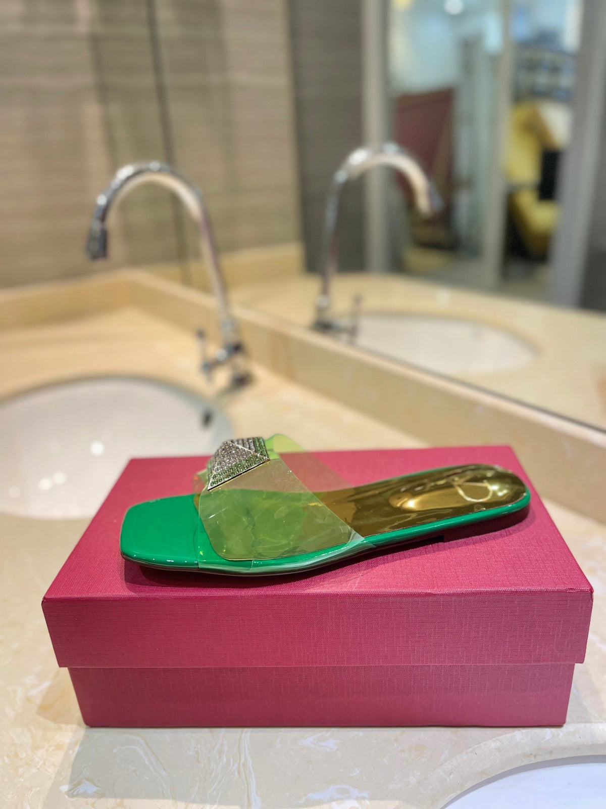 Valentino 26s Flat Slides Green Mix Gold Lambskin With Crystal