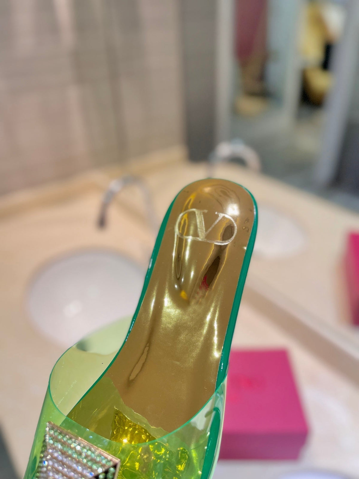 Valentino 26s Flat Slides Green Mix Gold Lambskin With Crystal