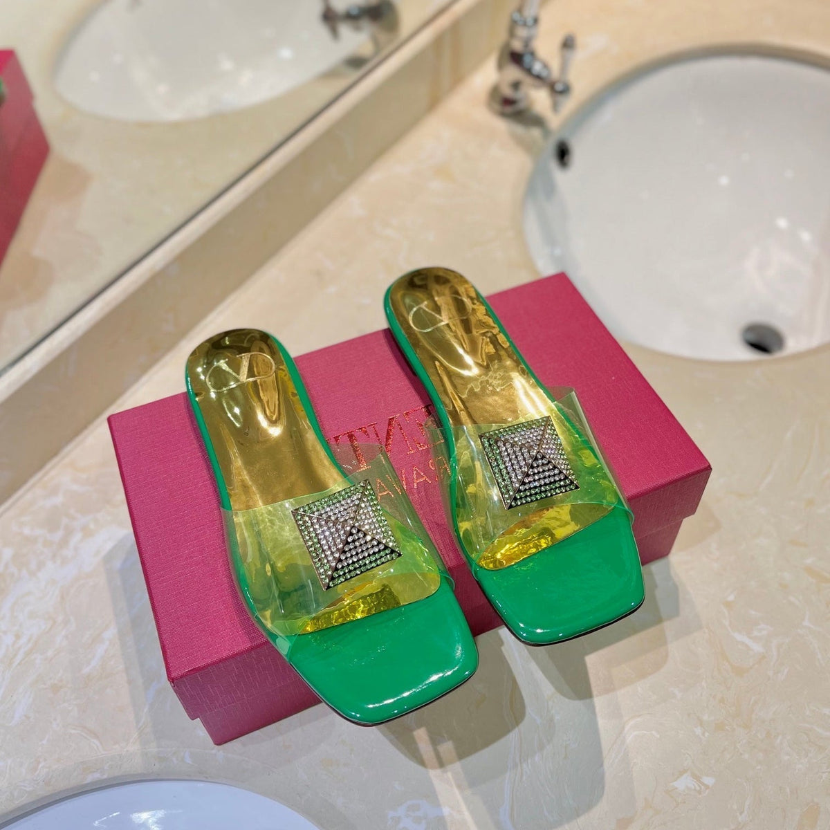 Valentino 26s Flat Slides Green Mix Gold Lambskin With Crystal