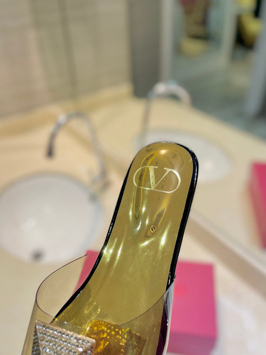 Valentino 26s Flat Slides Black Mix Gold Lambskin With Crystal