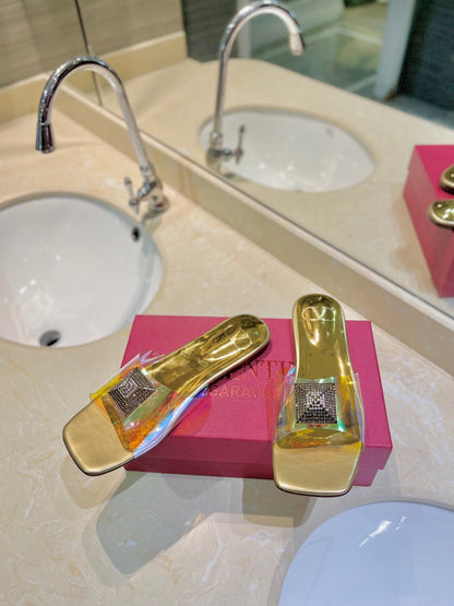 Valentino 26s Flat Slides Gold Lambskin With Crystal